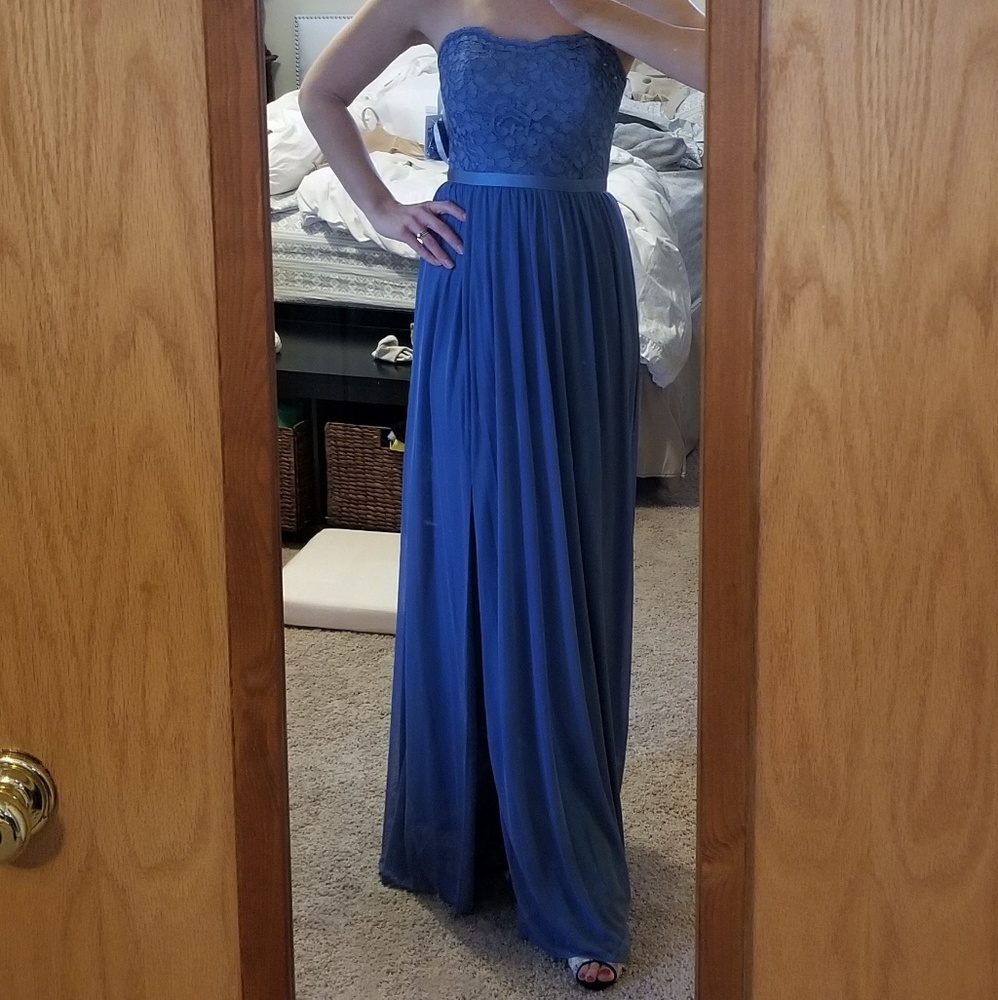 David's Bridal Steel Blue bridesmaid dress